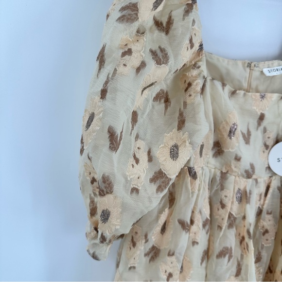 Storia Golden Floral Babydoll‎ Puff Sleeve Mini Dress Large Romantic Cottage NEW - Picture 5 of 16